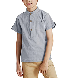 Malliosse Boys Short Sleeve Henley Shirt Button Up Linen Cotton Dress Shirts Tees Tops with One Pocket Grey