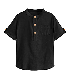 Malliosse Boys Short Sleeve Henley Shirt Button Up Linen Cotton Dress Shirts Tees Tops with One Pocket Black