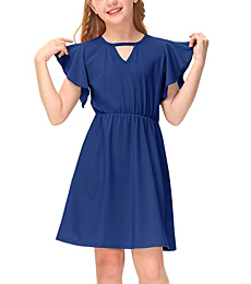 IIMMER Kid Girls Summer Casual Ruffle Cap Sleeve Keyhole Cutout Pleated Swing Blue Dress with Pockets 7-8 Years