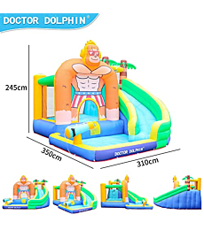 Doctor Dolphin Inflatable Water Slide Park Bounce House with Splash Pool & Long Slide Blower Kids King Kong Theme Water Slide Park Bouncy Castle for Outdoor