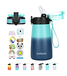 GOPPUS Kids Insulated Water Bottle 12 oz BPA-FREE Double Wall Vacuum Stainless Steel Kids Cup Leakproof Metal Water bottles with Straw & Spout Lid Strap Handle 10pcs Stickers for Toddler Girls Boys School
