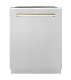 ZLINE Autograph Edition 24" 3rd Rack Top Touch Control Tall Tub Dishwasher in Stainless Steel with Gold Handle, 51dBa (DWMTZ-304-24-G)