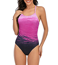 Athletic One Piece Swimsuits for women Training Bathing suits Tummy Control Sports Swimwear Gradient Sunset Purple 2-4