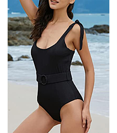 TSMEZA Women's One Piece Swimsuits Belt Tummy Control Bathing Suits Tie Shoulder Swimwear