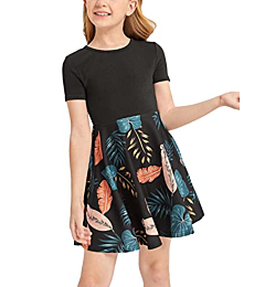 KYMIDY Girls Short Sleeve Patchwok Floral Print Dress with Pockets Casual Summer Midi Dress, Black 6 Years