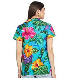 Stylore Womens Hawaiian Shirt Short Sleeve Blouse Big Hibiscus Turquoise XXL