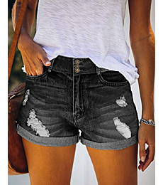 Magritta Denim Shorts for Women Mid Waisted Folded Hem Ripped Jean Shorts