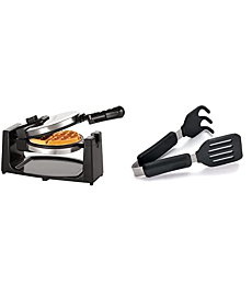 BELLA Classic Rotating Non-Stick Belgian Waffle Maker & Removeable Drip Tray for Easy Clean Up, Browning Control, Stainless Steel & Norpro Grip-EZ Grab and Lift Silicone Tongs, Set of 1, Black