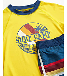 iXtreme Boys' Rash Guard Set - 2 Piece UPF 50+ Quick Dry Swim Shirt and Bathing Suit (12M-18), Size 12 Months, Navy/Yellow Surf Camp