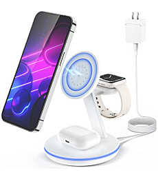 Magnetic Wireless Charging Station for Apple Series, 3-in-1 Standard 15W Fast Mag-Safe Charger Stand with QC3.0 Adapter, for iPhone 13,12 Pro Max/Pro/Mini, iWatch 7/6/SE/5/4/3/2, AirPods…