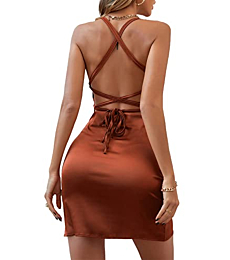 Umenlele Women's Satin Backless Criss Cross Tie Back Split Spaghetti Strap Bodycon Party Mini Dress Brown Small