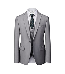 UNINUKOO Men Suits Slim Fit 3 Piece 1 Button Wedding Formal Business Tuxedo Suit Jacket Pants Vest Set US Size M Light Grey