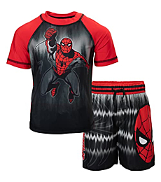 Marvel Little Boys Short Sleeve Rash Guard Swim Shirt & Swim Trunks Bathing Suit Black/Red 5-6