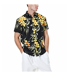 Damipow Hawaiian Shirts for Men Short Sleeve Aloha Beach Shirt Floral Summer Casual Button Down Shirts,Yellow Flower,L