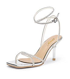 Silver Rhinestone Heels Sandals for Women - Aituis Bling Strappy with Sparkly Diamond, Square Open Toe Glitter Ankle Strap Sexy Dressy Stiletto High Heeled Summer Shoes for Ladies Girls Party Wedding