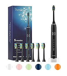 7am2m Sonic Electric Toothbrush with 6 Brush Heads for Adults Kids, One Charge for 100 Days,Wireless Fast Charge, 5 Modes with 2 Minutes Build in Smart Timer,Electric Toothbrushes(Midnight Black)