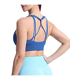 Aoxjox Women's Workout Ribbed Seamless Sports Bras Fitness Running Yoga Crop Tank Top (Set Sail Blue, Small)