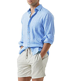 JMIERR Men's Cotton Linen Casual Button Down Shirt Long Sleeve Business Dress Shirts Beach Shirts for Men,US 40(M),Sky Blue