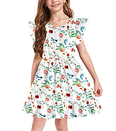 KYMIDY Girls Floral Dress Kids Summer Casual Ruffle Flutter Sleeve Swing Dresses with Pockets for Girls, White, 8 Years