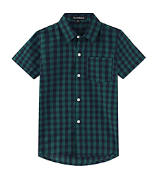 Spring&Gege Boys' Short Sleeve Poplin Button Down Shirt Plaid Uniform Dress Shirts, Large Check Gingham Navy Blue and Green, 5-6 Years