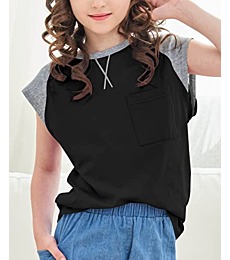 PAPOSON Girls Summer Casual Tops Cap Sleeve Crewneck Loose fit Raglan T Shirts with Pocket Size 5-14(Black-8)