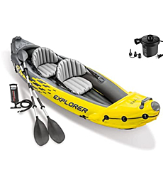 Explorer K2 Kayak, 2-Person Inflatable Kayak Set with Aluminum Oars, Manual and Electric Pumps…