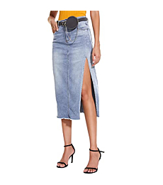 VIPONES Jean Skirts for Women Pencil Knee Length Denim Fit Slim a-line Raw Hem Frayed Stretch Ripped High Waist Casual （222，2）
