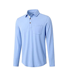 Polo Shirts for Men Long Sleeve Plain Pocket Classic Mens Casual Shirts Sky Blue