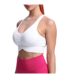 Aoxjox Women's Workout Ribbed Ruched Radiate Seamless Sports Bras Fitness Gym Running Yoga Crop Tank Top(White, Small)