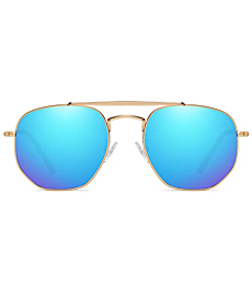 Zeelool Polarized Sunglasses for Women Men Classic Retro Polygon Sunglasses Double Bridge Trendy Vintage Shades SM0024 (Glod Frame Mirror Blue Lens, Mirror Blue)