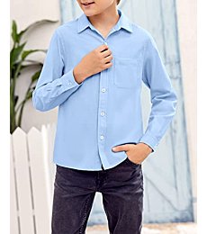 SySea Boy's Long Sleeve Button Down Dress Shirt Cotton Solid Uniform Shirts with Chest Pocket 5-14 Years Blue
