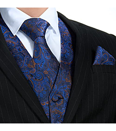 FAIMO Mens Blue Floral Jacquard Suit Vest, Waistcoat Necktie and Pocket Square Cufflink Set for Men, Business Formal Dress Vest for Wedding Suit Tuxedo