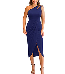 Oustdoze Women's Summer Sexy One Shoulder Cutout Ruched Bodycon Sleeveless Slit Party Dresses Cocktail Formal Midi Dress Navy Blue