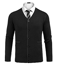 COOFANDY Mens V Neck Buttons Cardigan Chunky Knit Machine Washable Cardigan Solid Color Stylish Sweater Cardigans (Black,Large)