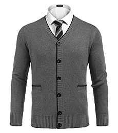 COOFANDY Men's Cardigan Sweaters Full Button Up Collar Slim Fit Casual Knitted Sweater with 2 Front Pockets (Grey,Large)