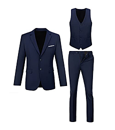 Mens Three Piece Business Suit Slim Fit Prom Tuxedo Elegant Formal Solid Wedding Blazer Vest Pants for Men Navy Blue M