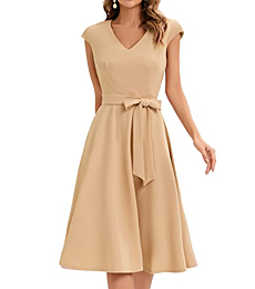 Bridesmay Women Vintage 1950s Dress V-Neck Fit Flare Semi Formal Dresses with Cap Sleeves Champagne L