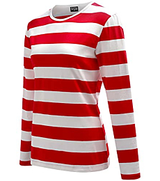 Funny World Red and White Striped Shirt Women Long Sleeve Cotton Casual T-Shirts, Medium