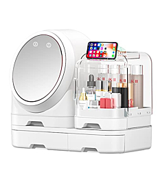 Miss Puff Makeup Organizer with LED Mirror and Fan, Large Capacity Cosmetic Storage Display Case, Waterproof and Dustproof Skincare Organizer for Bathroom and Vanity Dresser