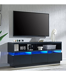 T4TREAM LED Coffee Table with Storage, Modern Center Table with Open Display Shelf & Double Sliding Drawers, Accent Furniture with LED Lights for Living Room, Easy Assembly, Solid Black