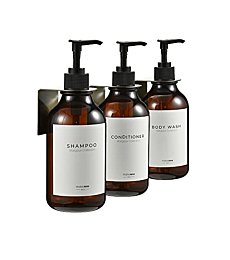 MaisoNovo Shampoo Dispenser for Shower Wall 3 Chamber - Drill Free Shower Soap Dispenser Wall Mount with Waterproof Labels | 3 Black Plastic Bottles with Black Metal Pumps