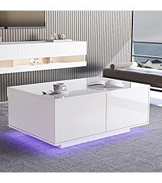 St.Mandyu LED Coffee Table with Storage Drawers, Modern High Glossy Center Table with 20 Colors LED Lights for Living Room, White
