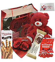 VALENTINE DAY GIFT Basket Set | Teddy Bear Plush (COLOR VARYS), Hershey Kisses (Red or Pink) Chocolate, Pirouline ( Dark Or Hazelnut) Chocolate Wafers , Heart-Shaped Elmer Chocolate, Godiva Caramel Milk Candies, V-Day Gift Bag For Her Wife Girlfriend