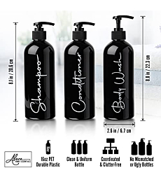 Alora 16oz Refillable Shampoo and Conditioner Dispenser Bottles - Set of 3 - Stylish Labels - Pump Bottle Dispenser for Shampoo, Conditioner, Body Wash - Empty Plastic Refillable Containers for Shower