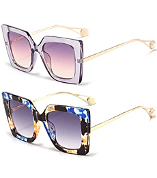 SUNBSR Fashion Oversized Square Sunglasses for Women Classic Big Frame Trendy Cute Cat Eye Style Sunnies (Purple+ Blue Flower)