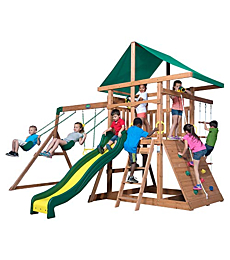 Backyard Discovery Mount McKinley All Cedar Wood Swing Set, Playground for All Kids Age 3-10, Rock Wall, Wave Slide, Fort, Double Rock Climber and Rope, Monkey Bars