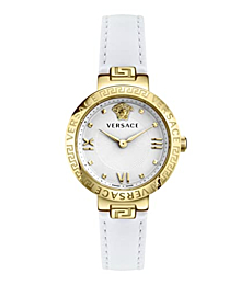 Versace Greca Collection Luxury Womens Watch Timepiece with a White Strap Featuring a Gold Case and White Dial