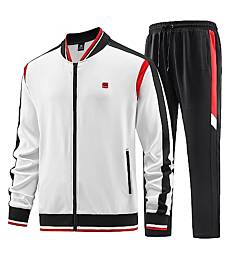 W JIANWANG Mens Track Suits 2 Piece Tracksuits Sweatsuits Set Jogging Suit Fashion Casual Workout Running Sports Jacket and Pants Outfits White JW-140-L