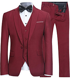 YFFUSHI Men's Slim Fit 3 Piece Suit One Button Business Wedding Prom Suits Blazer Tux Vest & Trousers Red Wine