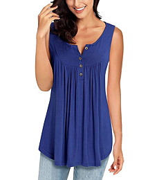 MIROL Womens Summer Sleeveless V Neck Solid Color Casual Swing Shirts Flowy Tank Tops Blouses with Buttons Blue